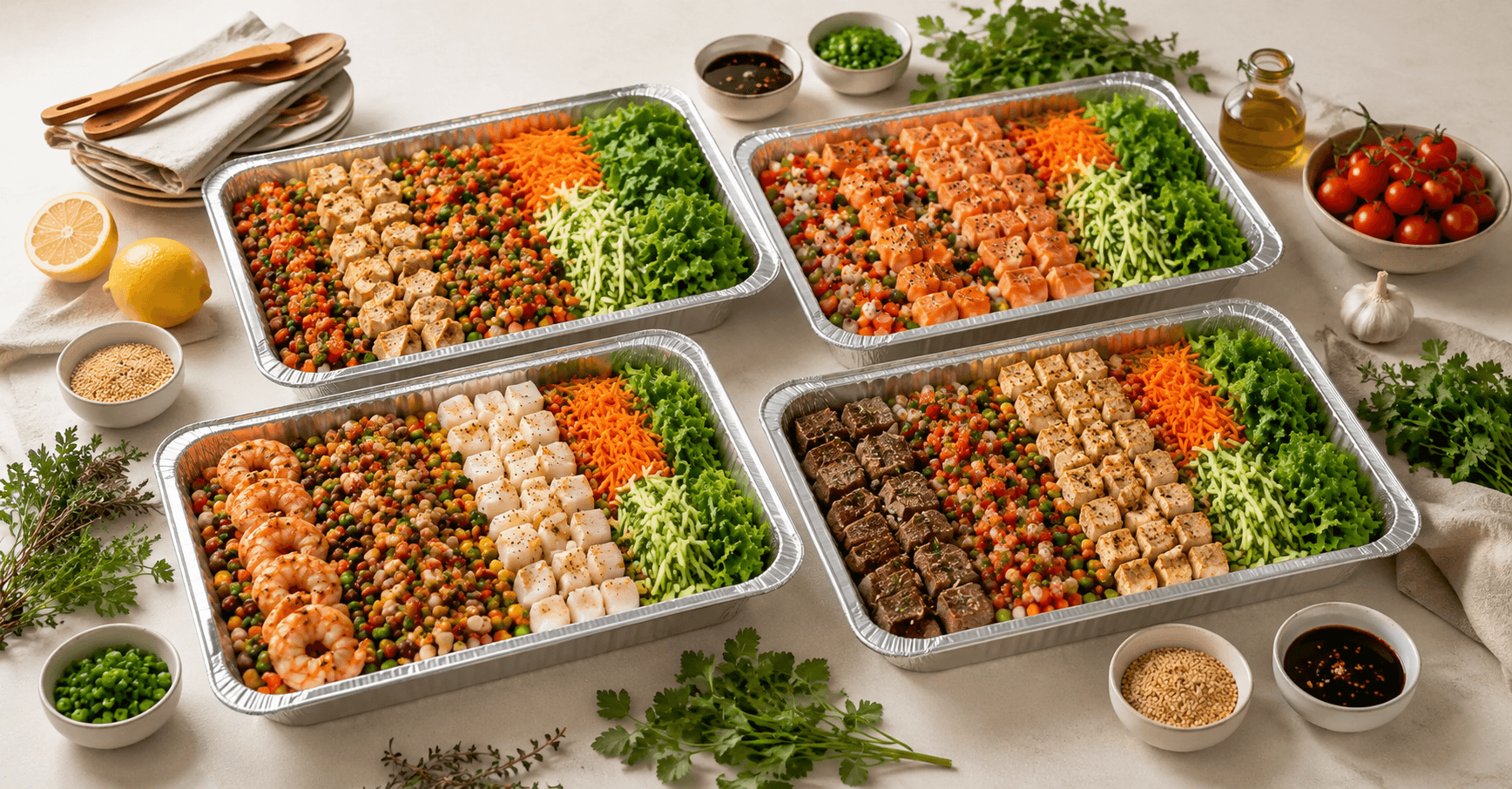 Catering meal package trays with proteins and fresh vegetables