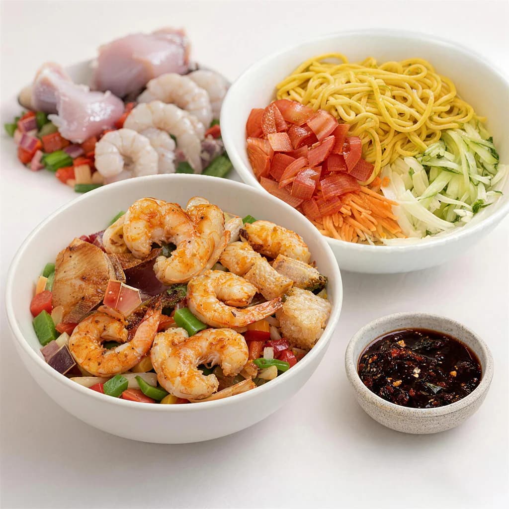Customizable individual Xiebao bowls with shrimp, vegetables, and noodles
